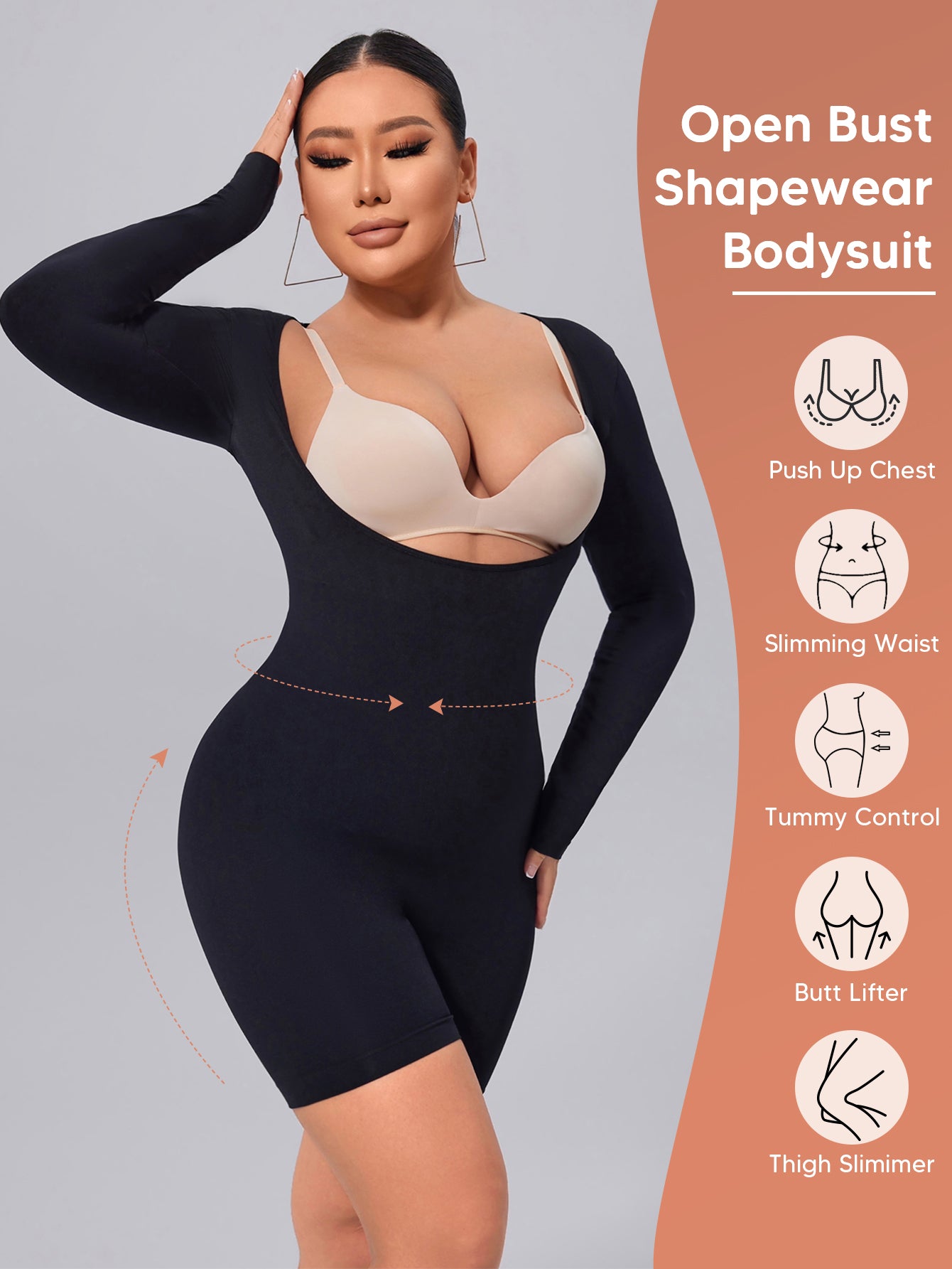 MUEE Open Bust Long Sleeve Mid-Thigh Body Suit Arm Shaping Bodysuit For Women