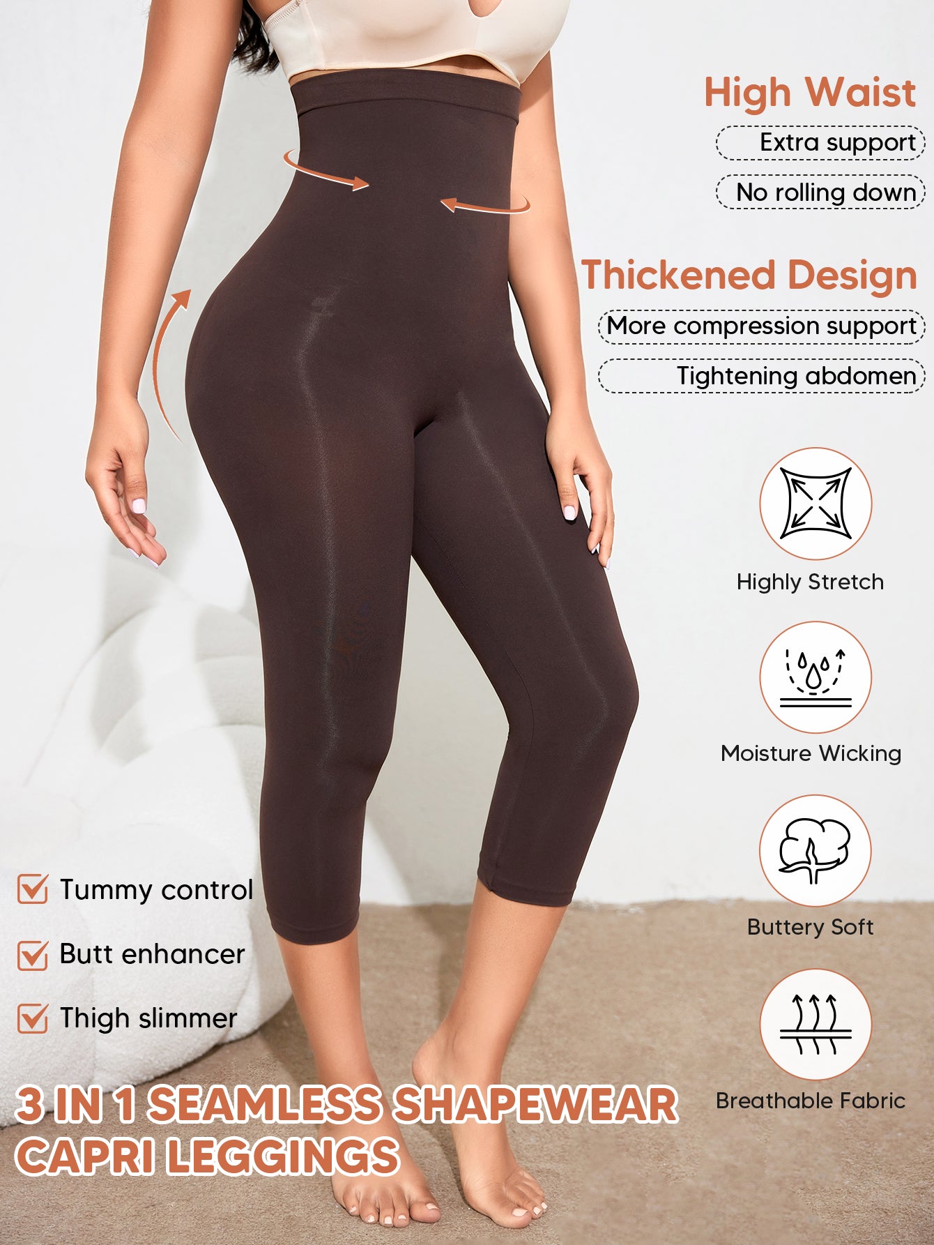 Seamless Tummy Control Compression Leggings Butt Lifting Stretchy Capri