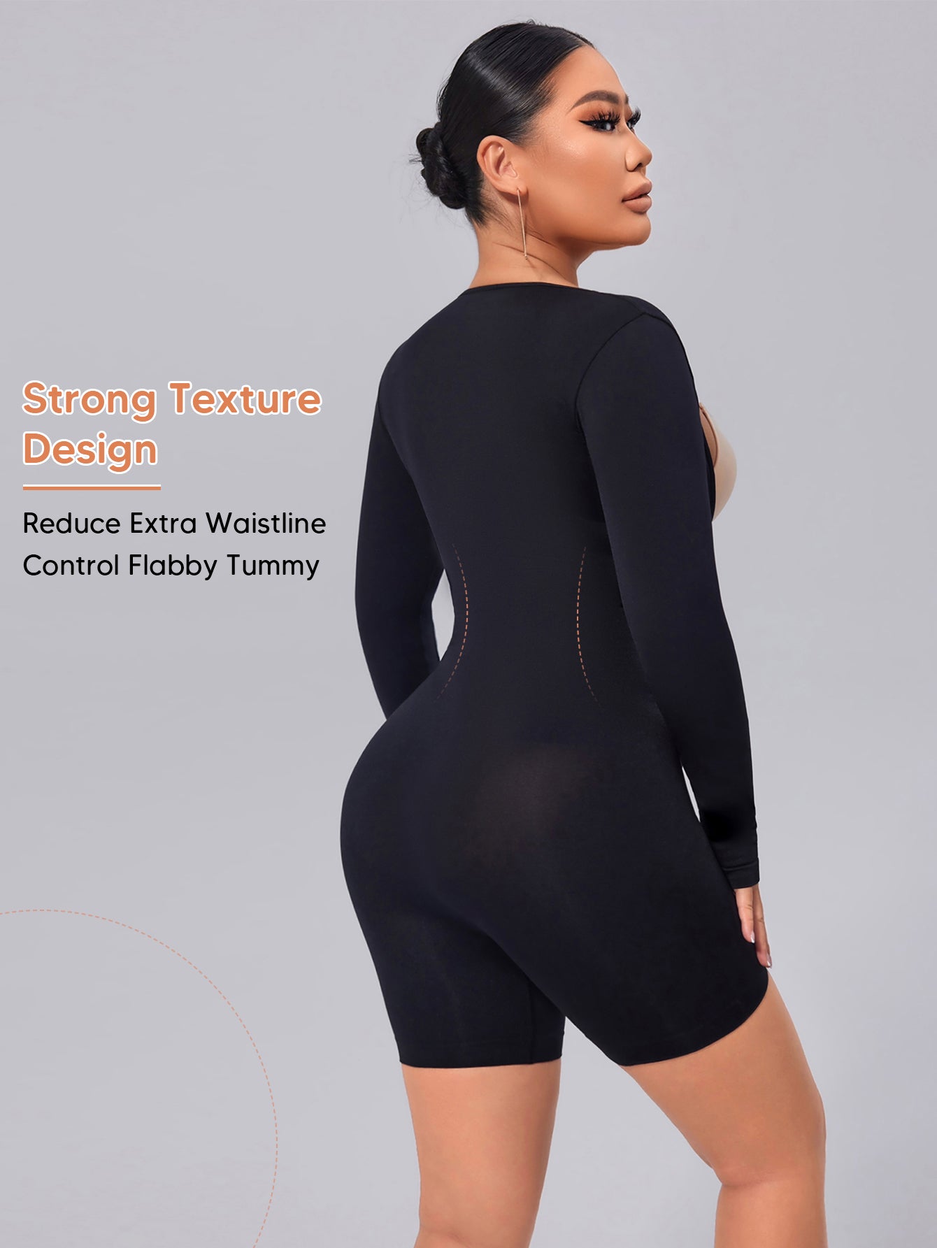 MUEE Open Bust Long Sleeve Mid-Thigh Body Suit Arm Shaping Bodysuit For Women