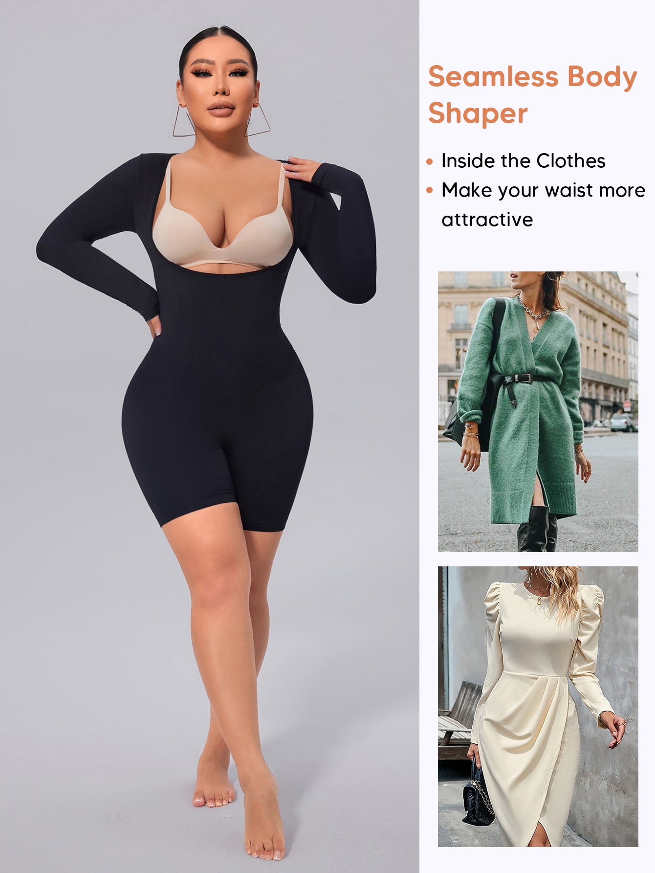 MUEE Open Bust Long Sleeve Mid-Thigh Body Suit Arm Shaping Bodysuit For Women