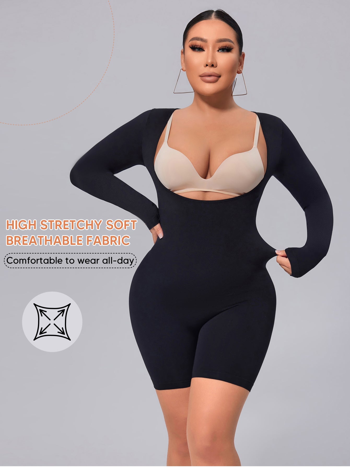 MUEE Open Bust Long Sleeve Mid-Thigh Body Suit Arm Shaping Bodysuit For Women