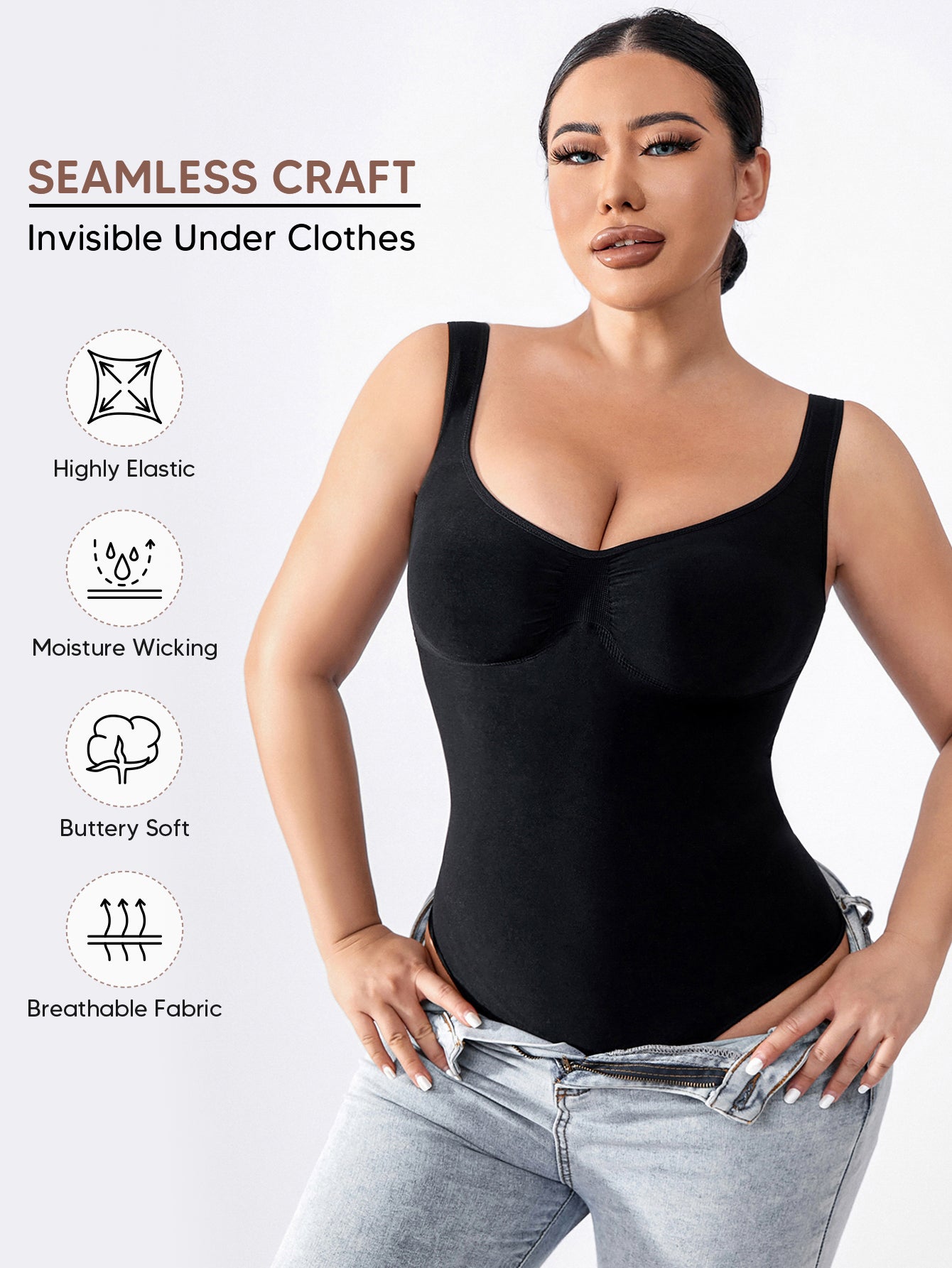 Shapewear Bodysuit for Women Tummy Control V-Neck Tank Top Thong Body Shaper