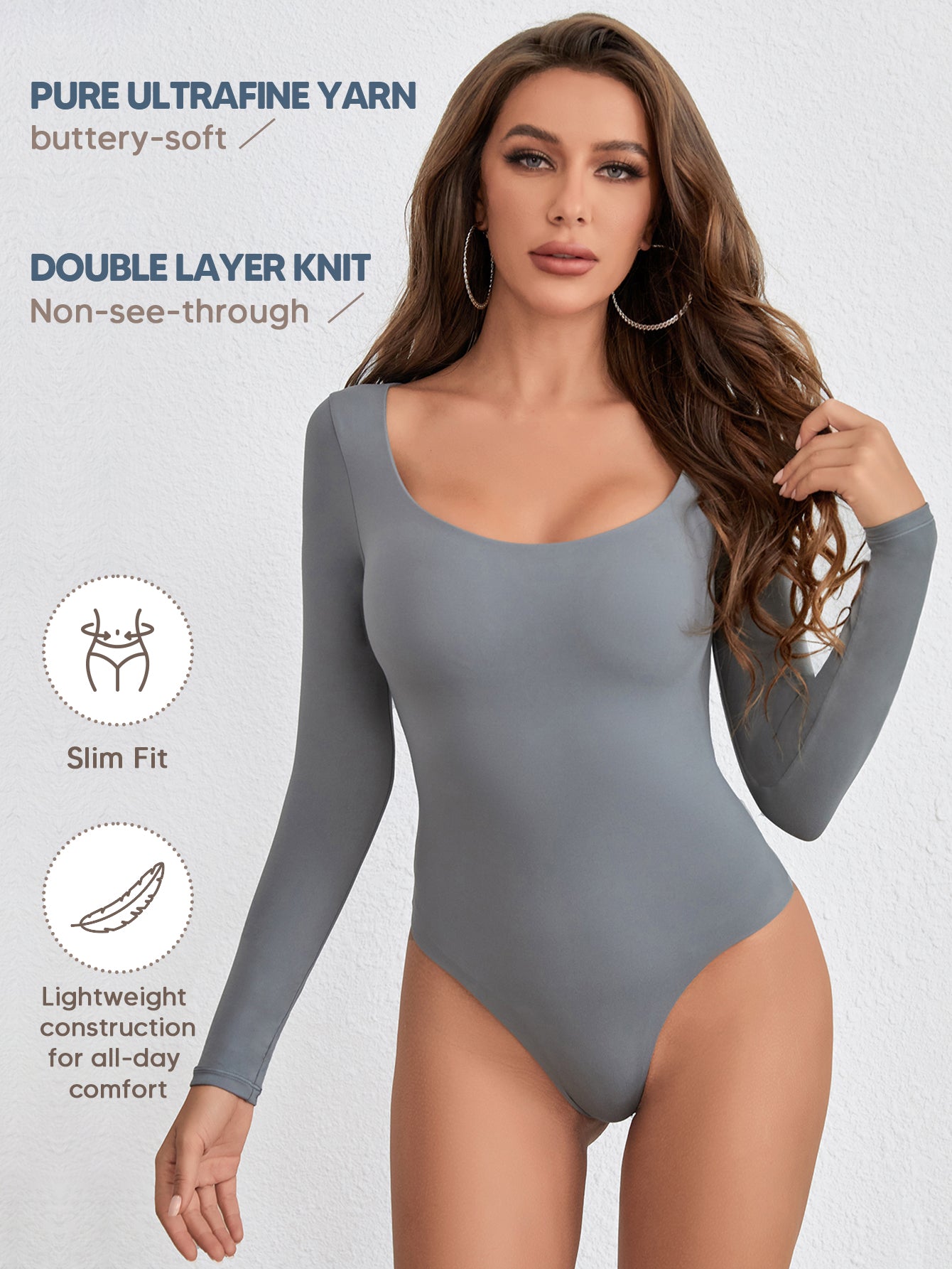 Long Sleeve Thong Bodysuits for Women Scoop Neck Stretchy Basic T Shirt Tops