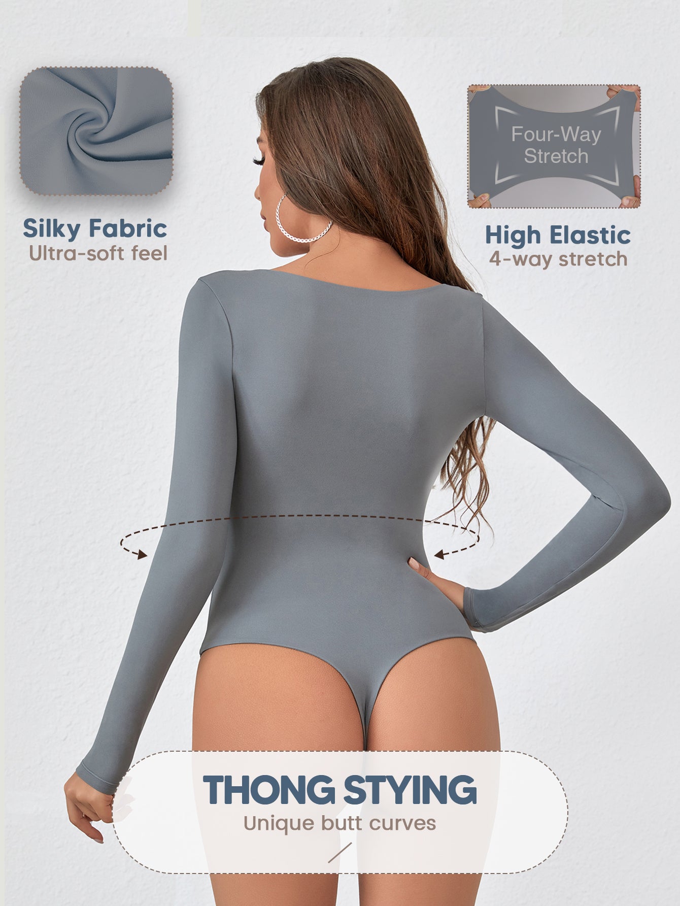 Long Sleeve Thong Bodysuits for Women Scoop Neck Stretchy Basic T Shirt Tops