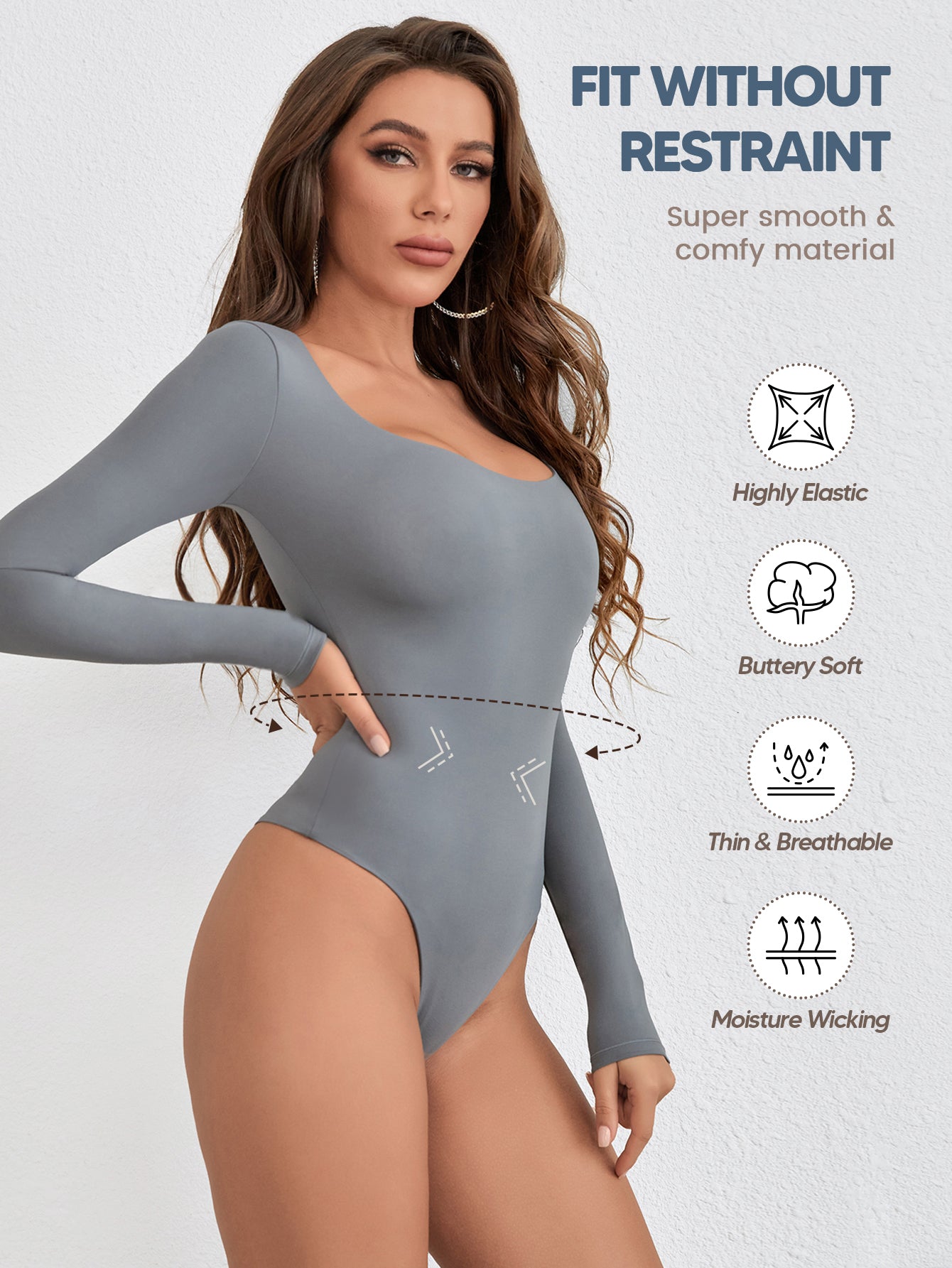 Long Sleeve Thong Bodysuits for Women Scoop Neck Stretchy Basic T Shirt Tops