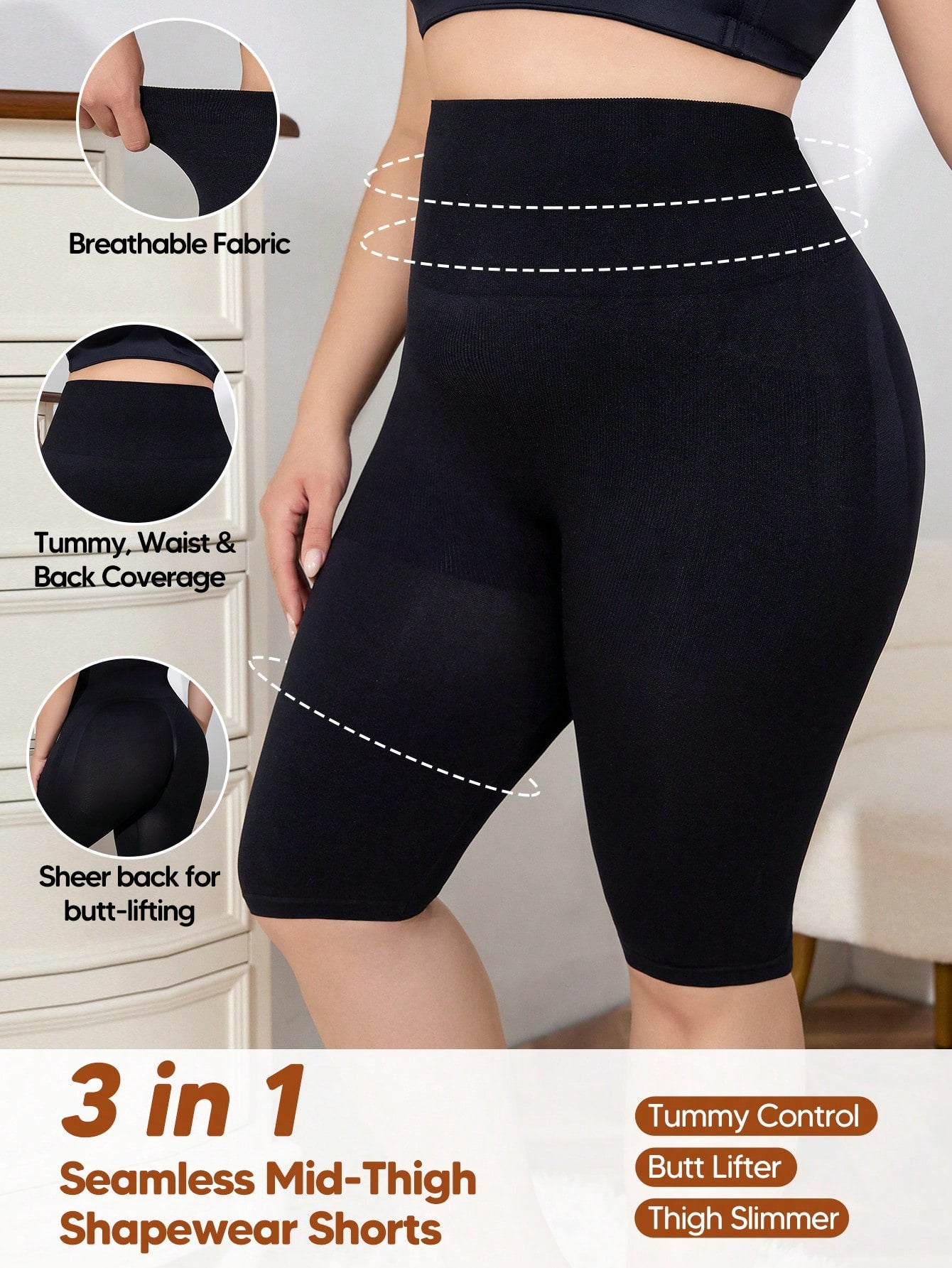Tummy control 3 in 1 Seamless Mid-Thigh Shapewear Shorts For Plus Size