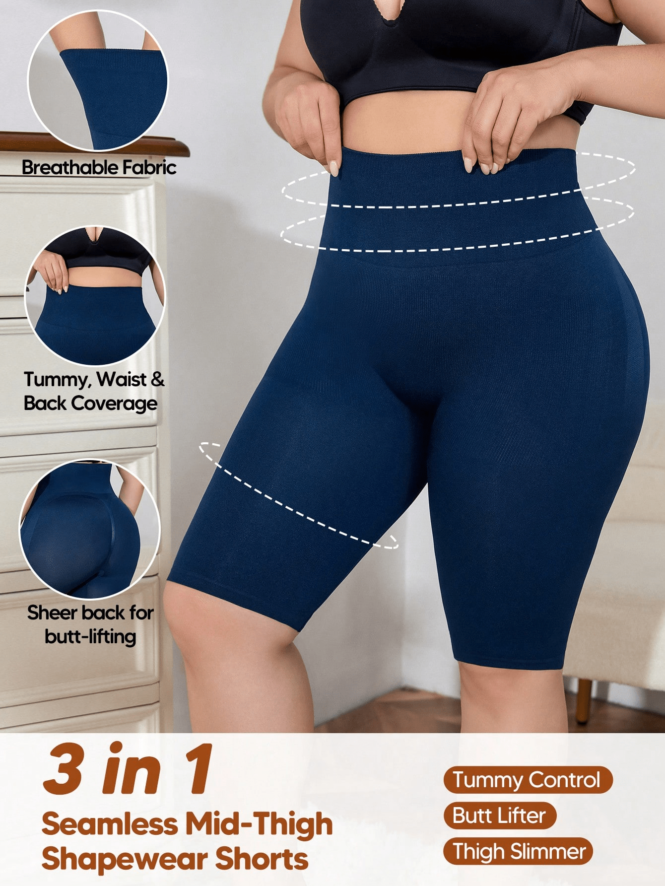 Tummy control 3 in 1 Seamless Mid-Thigh Shapewear Shorts For Plus Size
