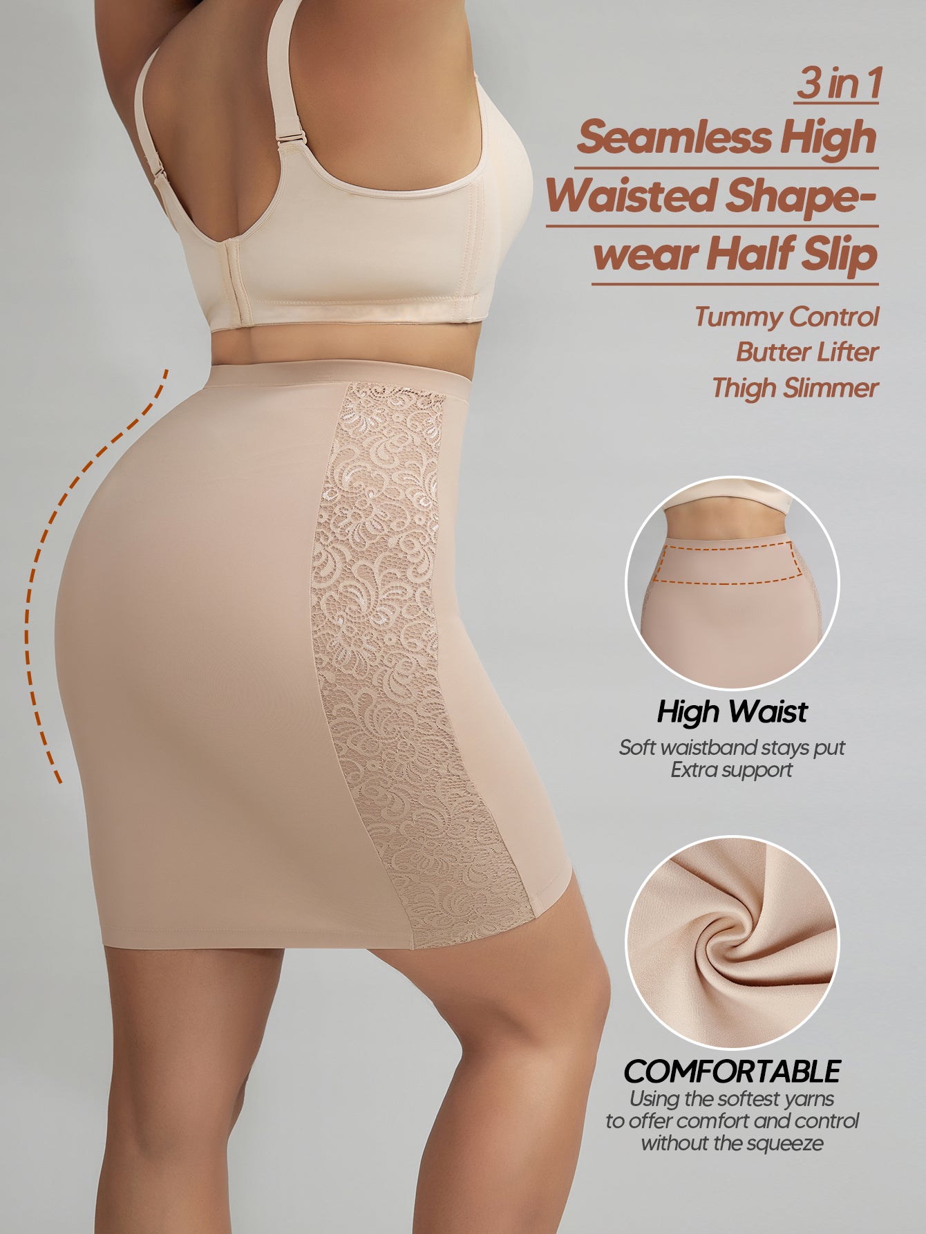 Shapewear Skirt Slip for Under Dresses Lace Half Slip Tummy Control Body Shaper