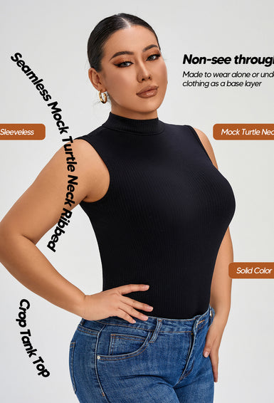 Women Seamless Mock Turtle Neck Slim Fitted Tank Tops Basic T Shirts