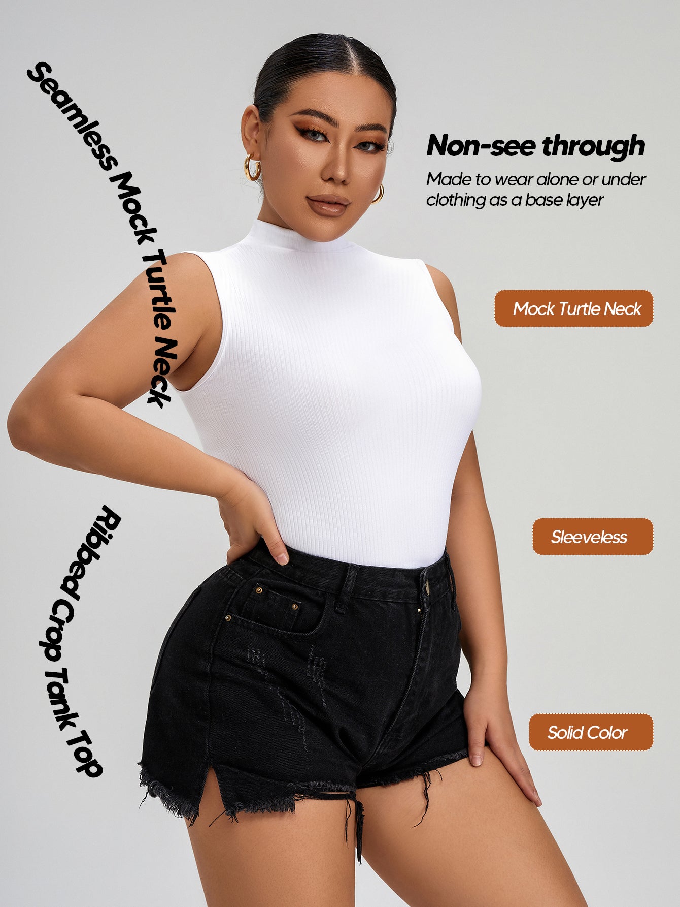 Women Seamless Mock Turtle Neck Slim Fitted Tank Tops Basic T Shirts