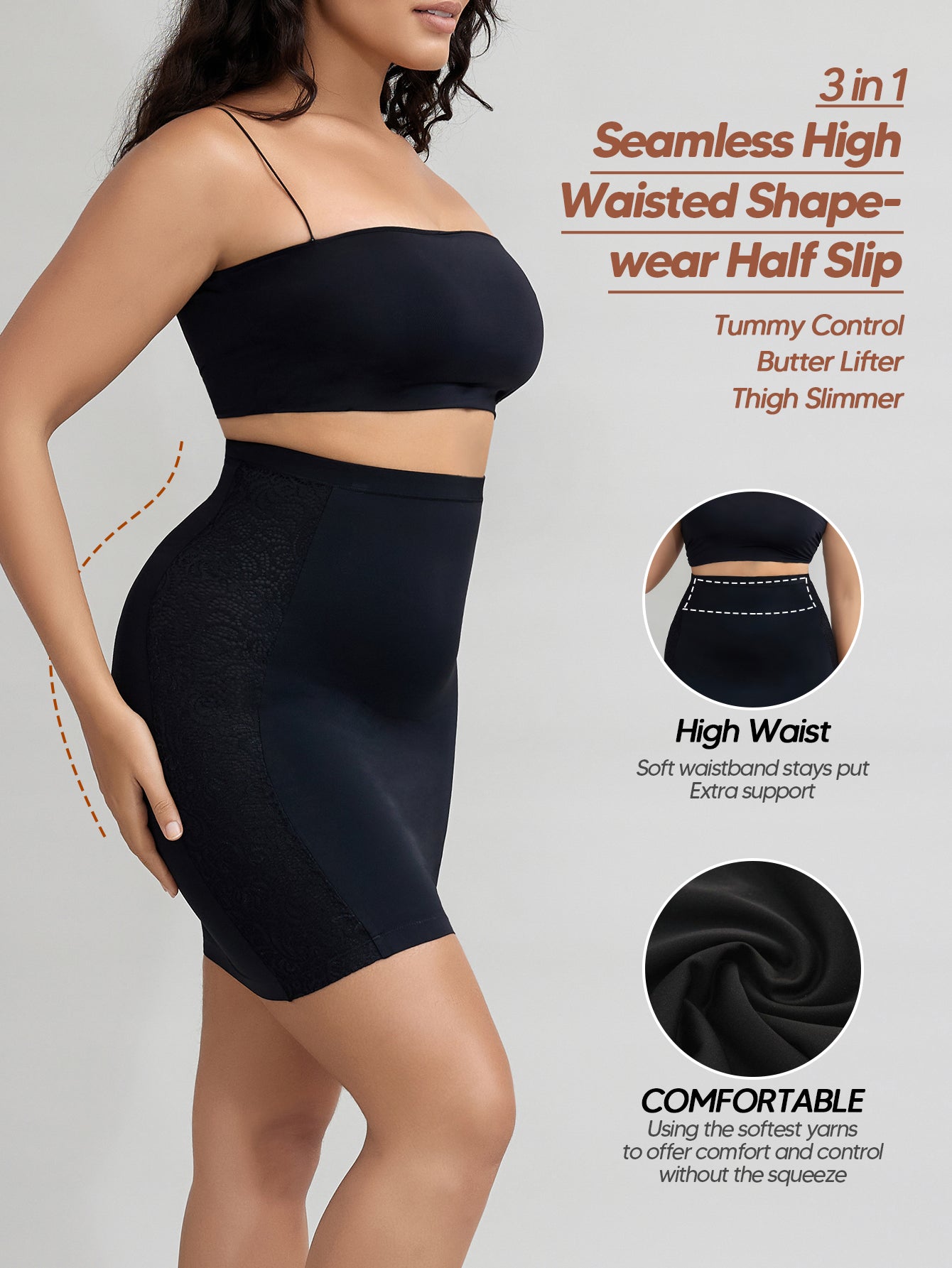 Shapewear Skirt Slip for Under Dresses Lace Half Slip Tummy Control Body Shaper
