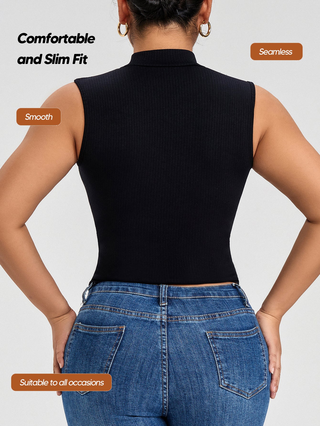 Women Seamless Mock Turtle Neck Slim Fitted Tank Tops Basic T Shirts