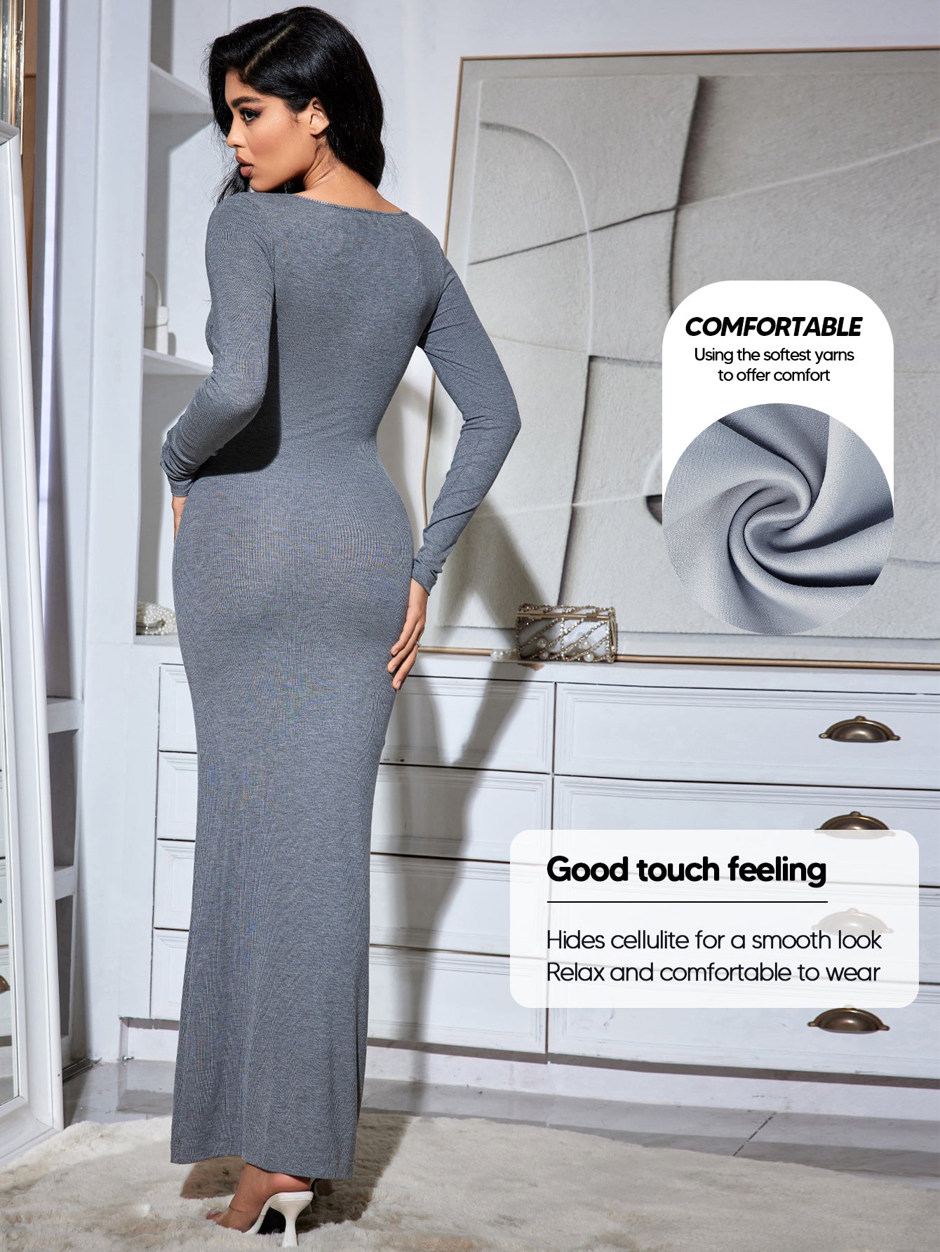 Square Neck Long Sleeve Slip Dress Ribbed Soft Lounge Dress
