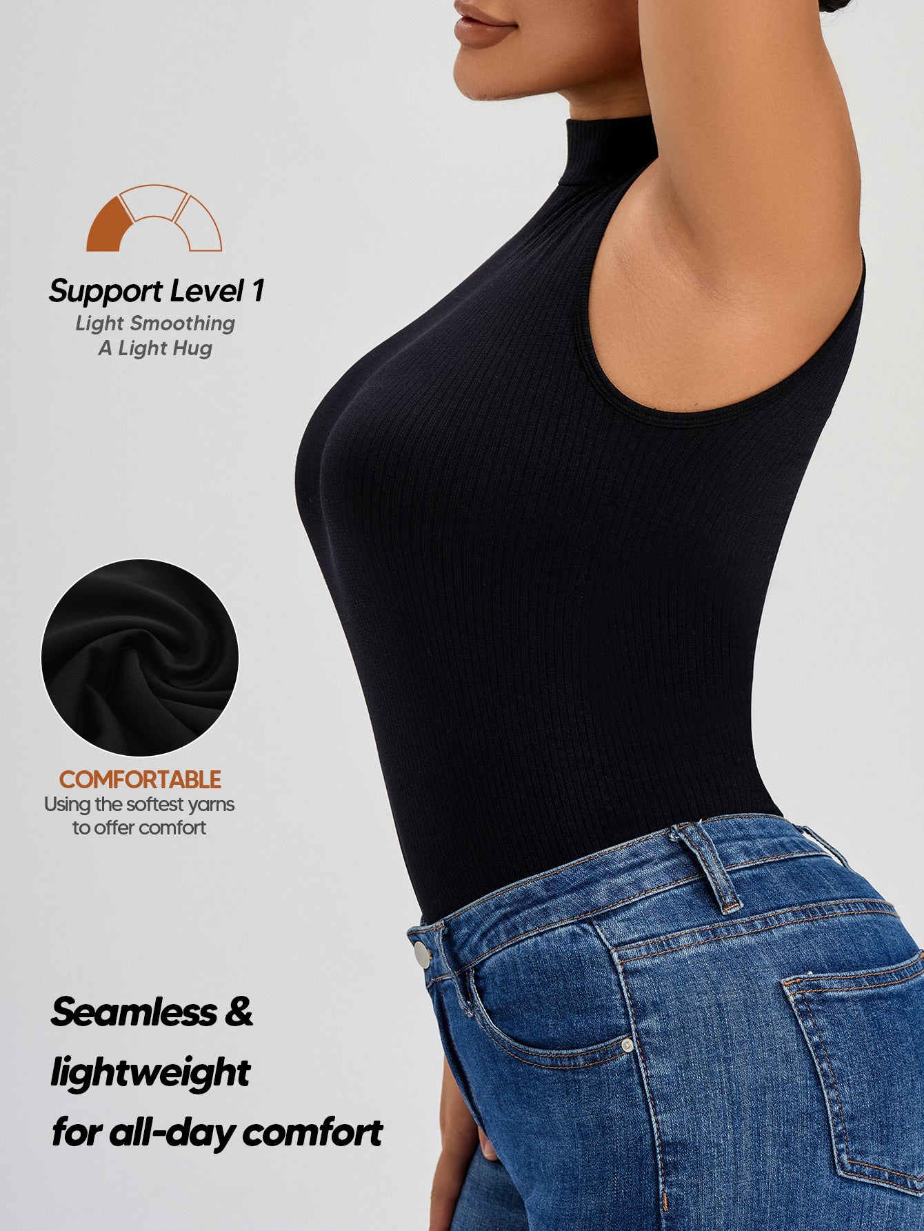 Women Seamless Mock Turtle Neck Slim Fitted Tank Tops Basic T Shirts