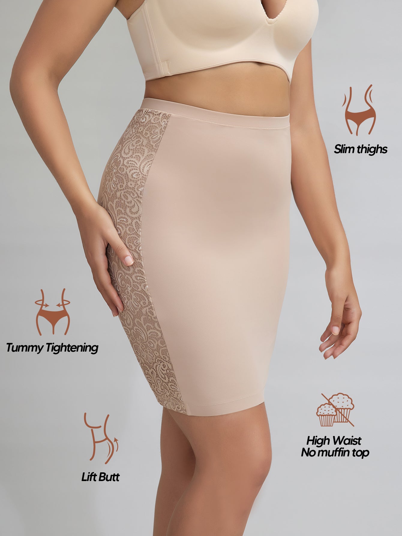 Shapewear Skirt Slip for Under Dresses Lace Half Slip Tummy Control Body Shaper