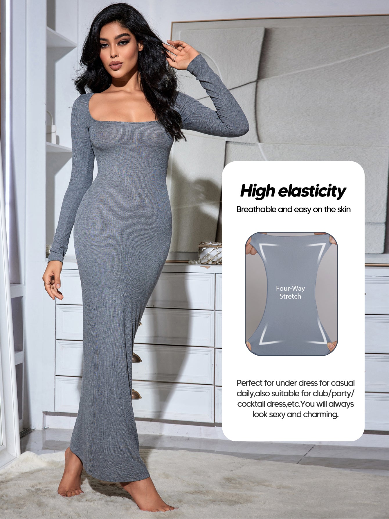 Square Neck Long Sleeve Slip Dress Ribbed Soft Lounge Dress