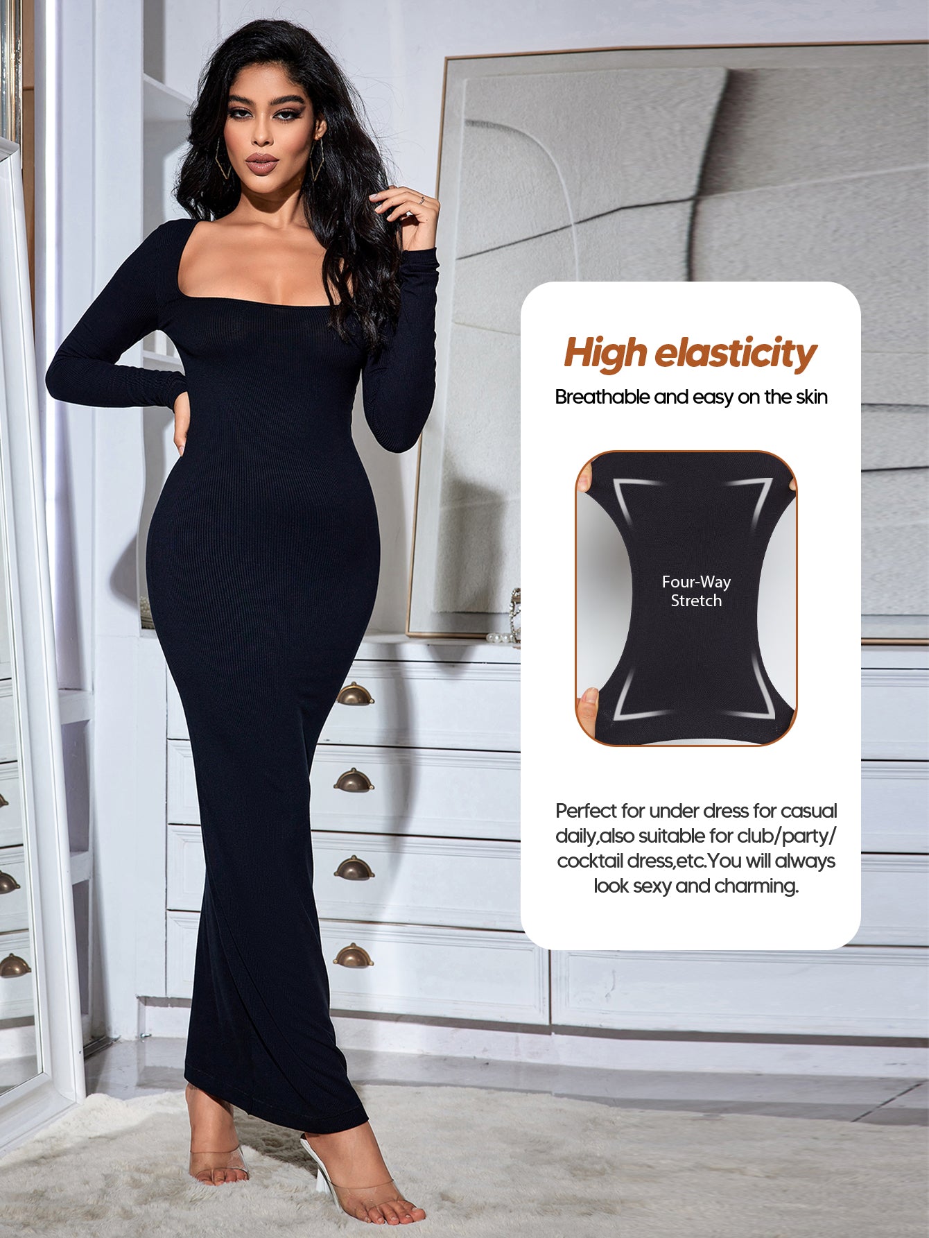 Square Neck Long Sleeve Slip Dress Ribbed Soft Lounge Dress