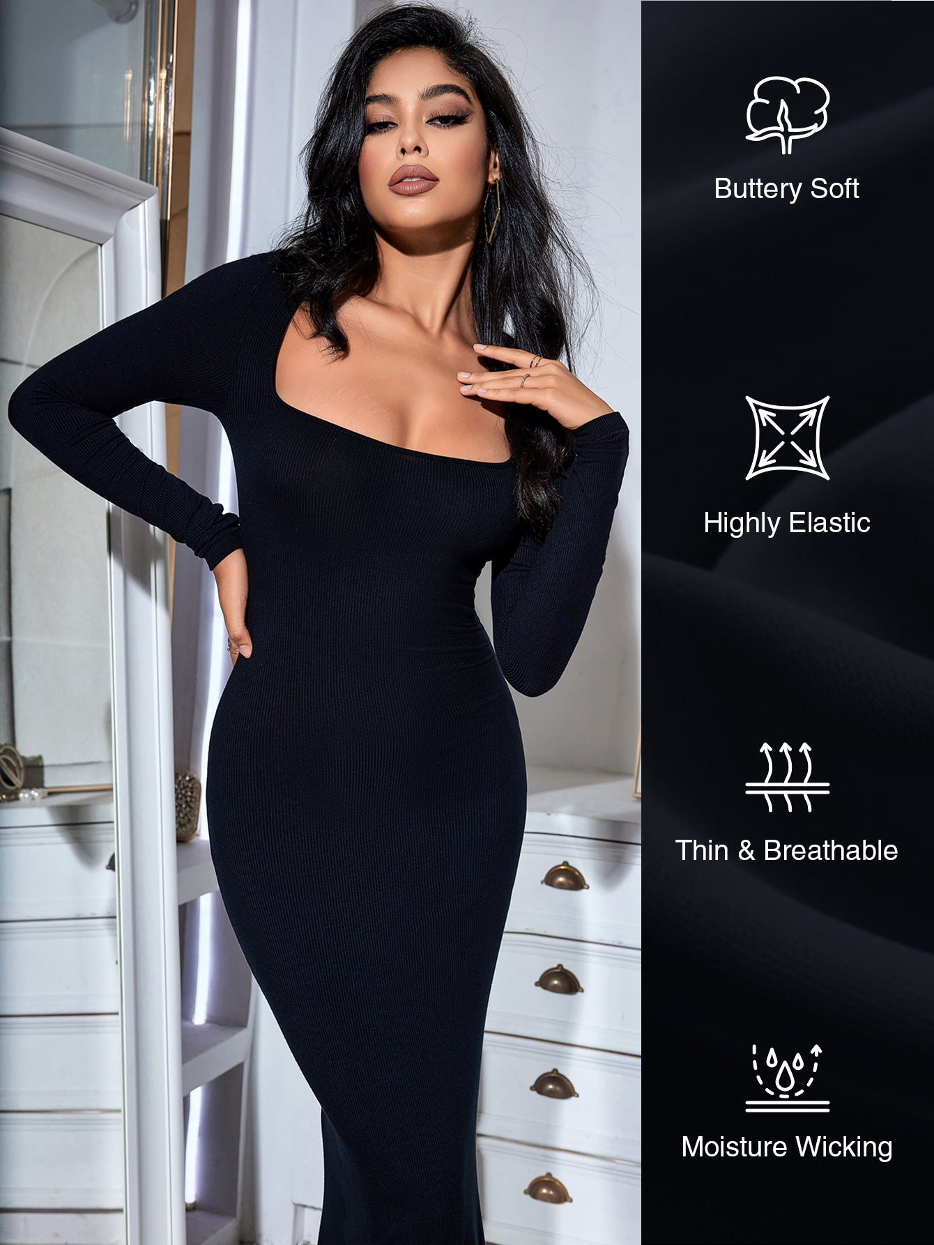 Square Neck Long Sleeve Slip Dress Ribbed Soft Lounge Dress