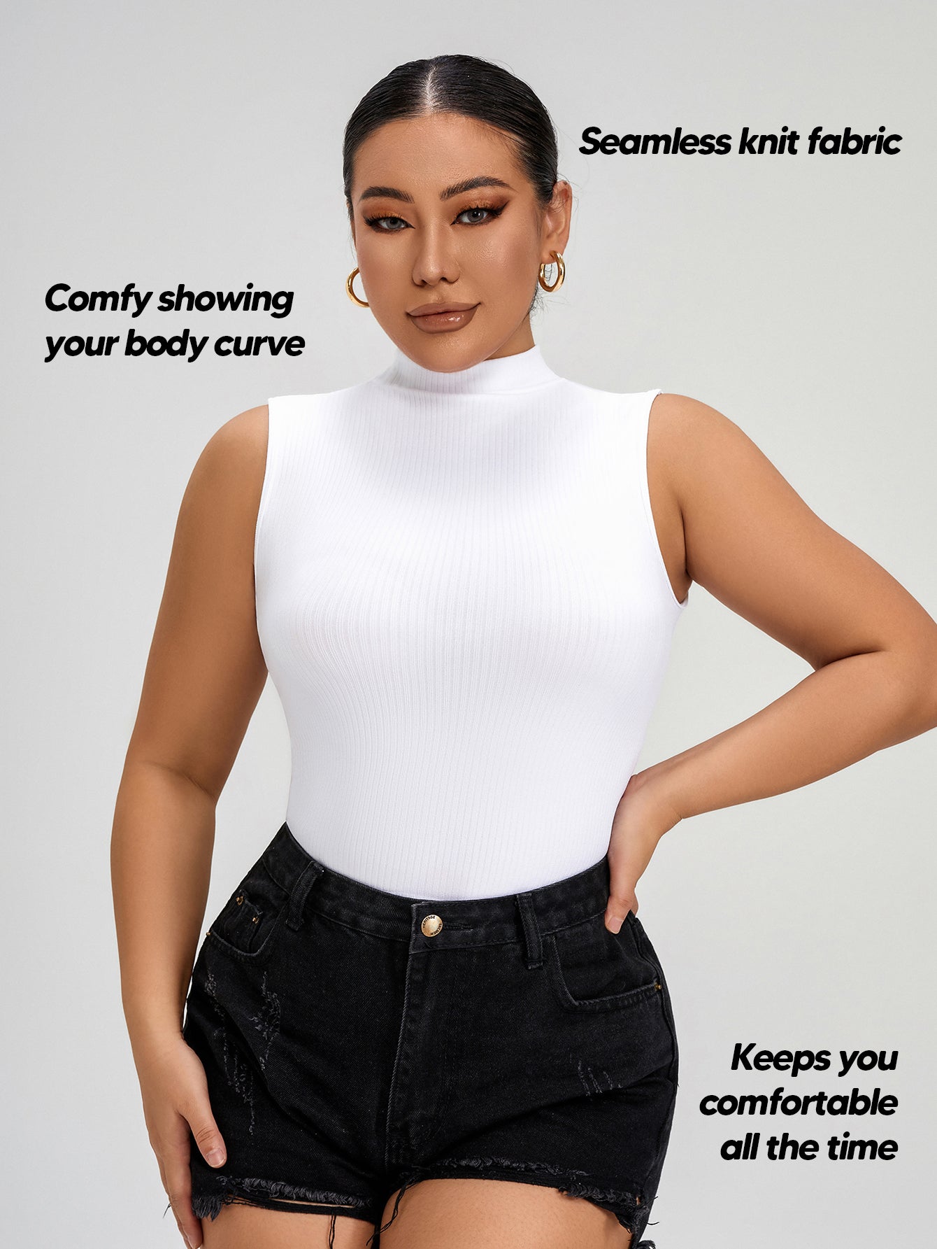 Women Seamless Mock Turtle Neck Slim Fitted Tank Tops Basic T Shirts