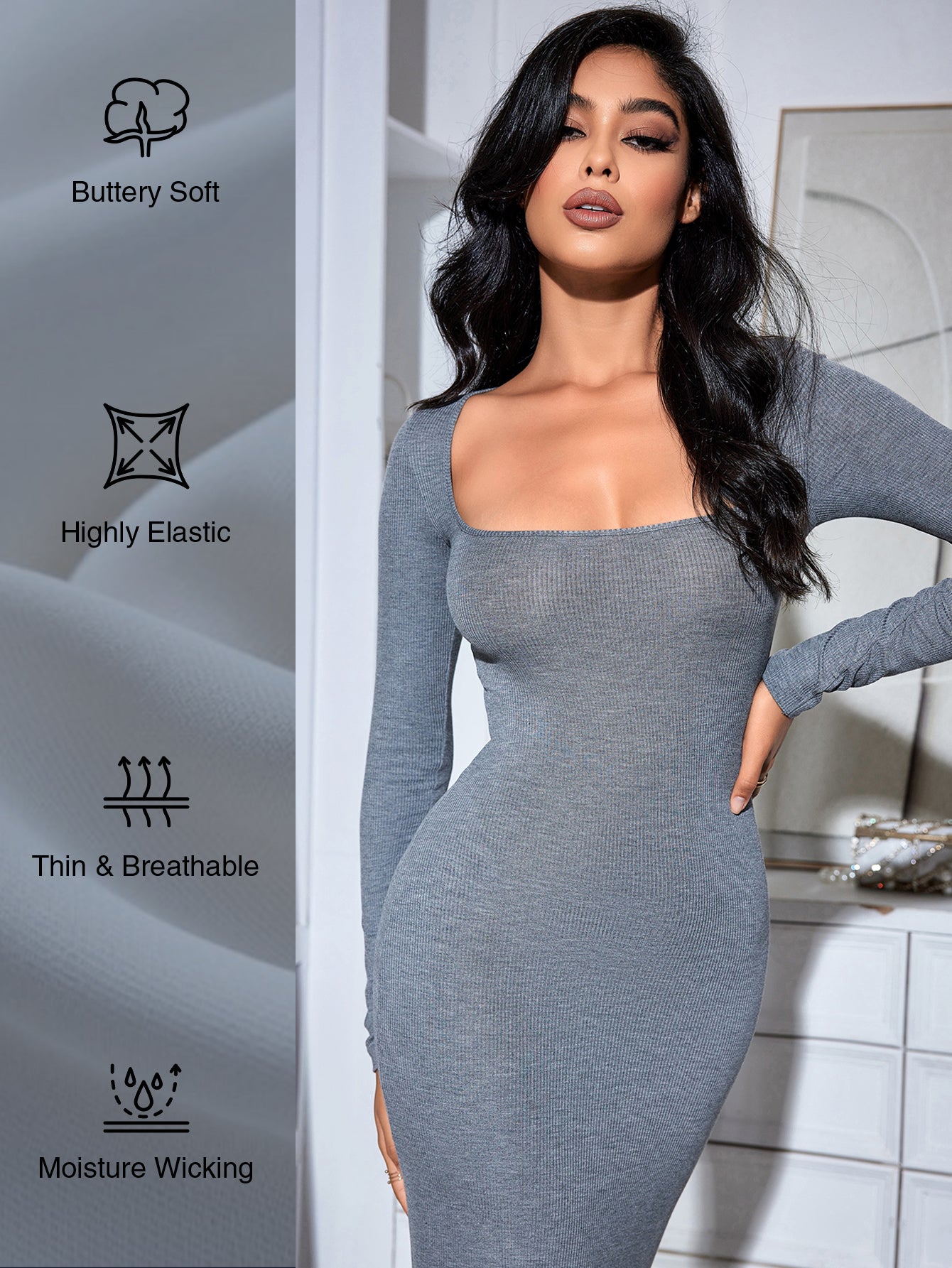 Square Neck Long Sleeve Slip Dress Ribbed Soft Lounge Dress