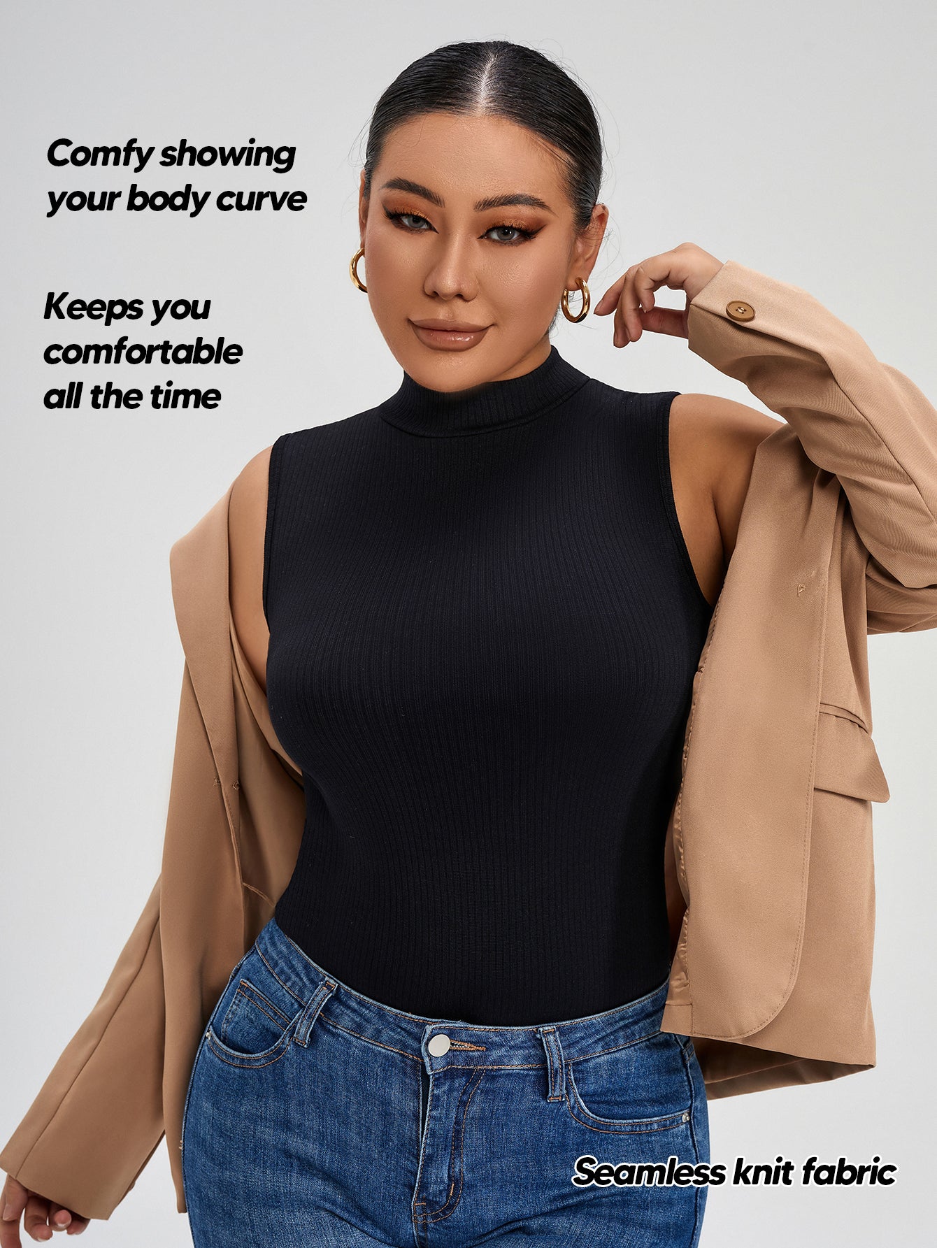 Women Seamless Mock Turtle Neck Slim Fitted Tank Tops Basic T Shirts
