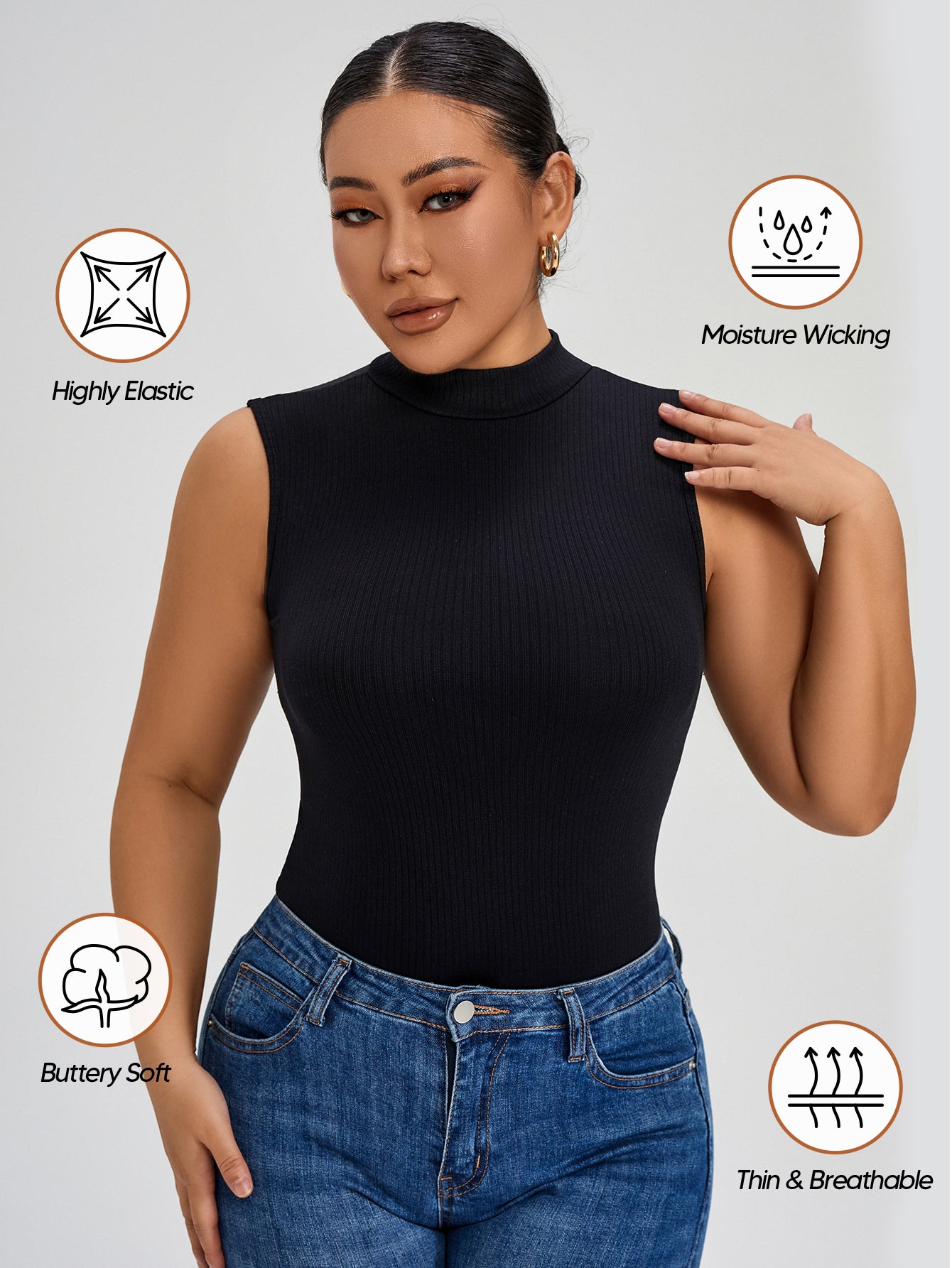 Women Seamless Mock Turtle Neck Slim Fitted Tank Tops Basic T Shirts