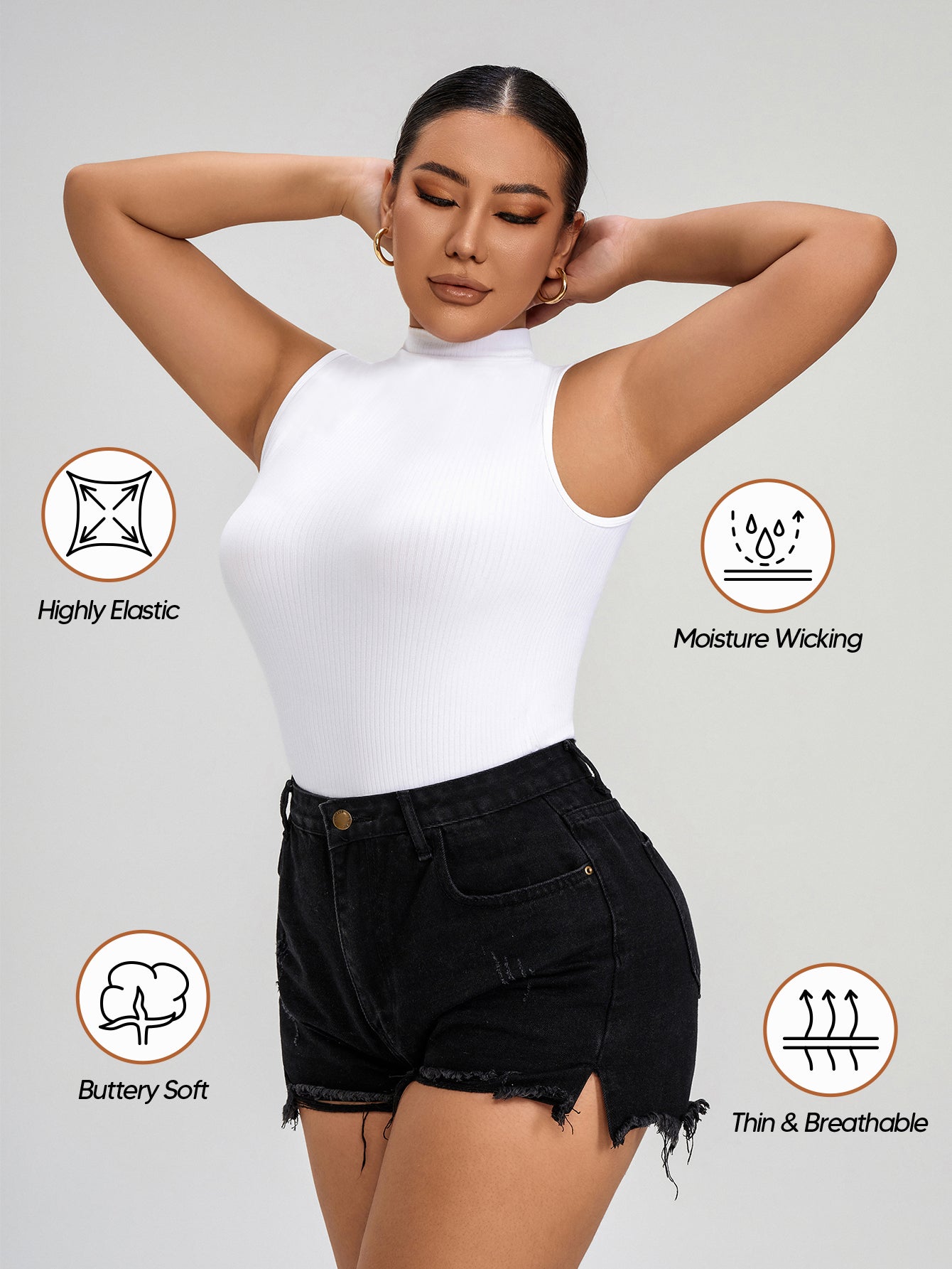 Women Seamless Mock Turtle Neck Slim Fitted Tank Tops Basic T Shirts