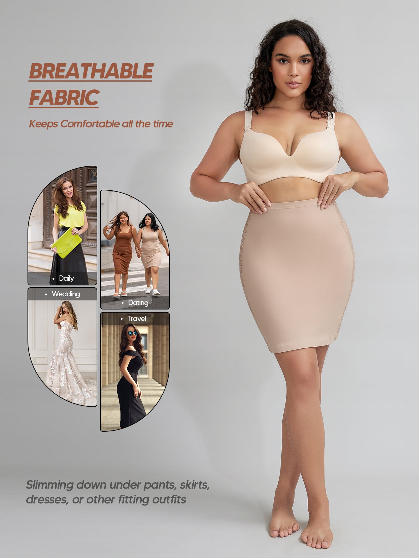 Shapewear Skirt Slip for Under Dresses Lace Half Slip Tummy Control Body Shaper