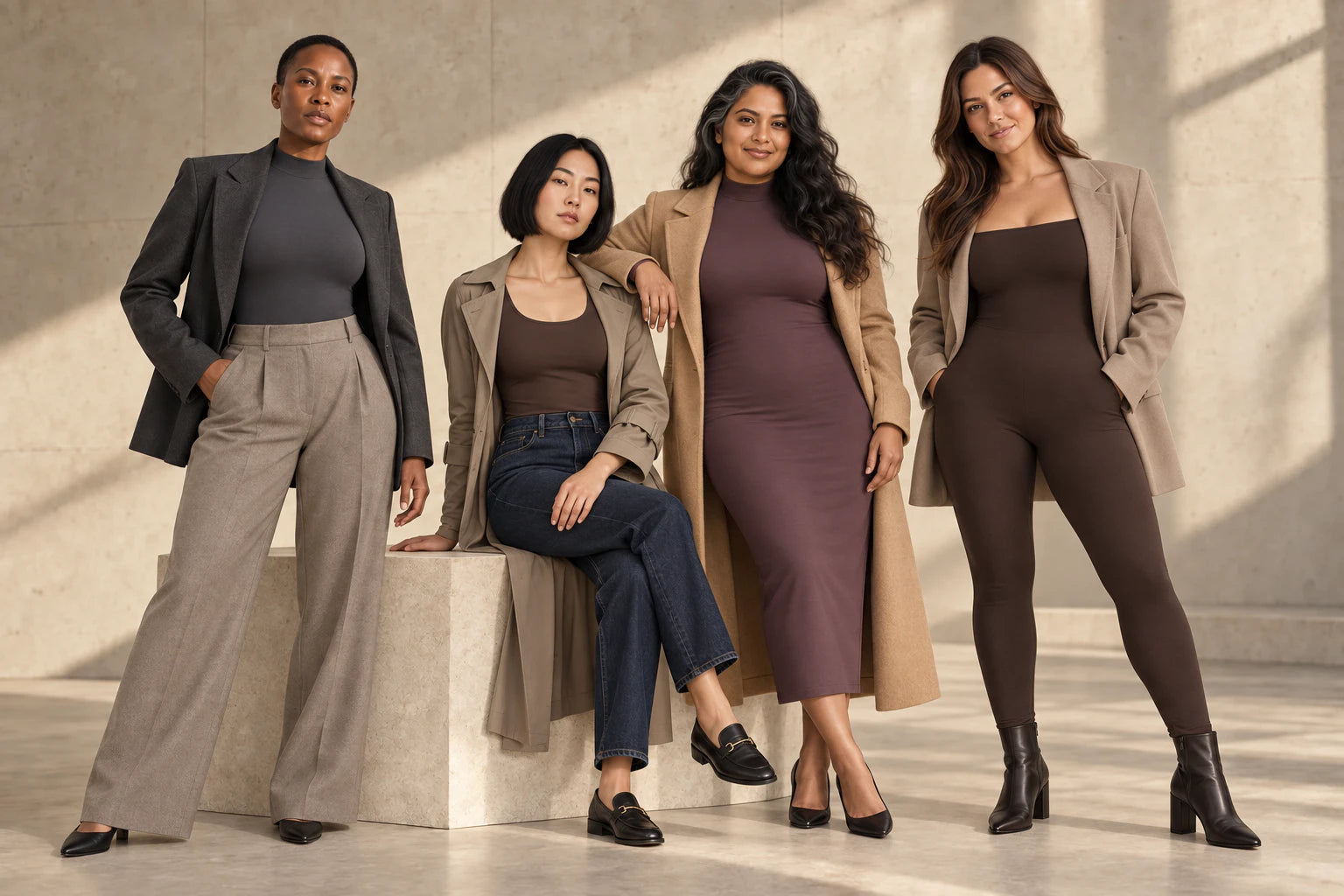 Suprenx® virtual ambassadors Nia, Mei, Amara and Claire styling fitted Beyond Base pieces with tailoring, denim and outerwear