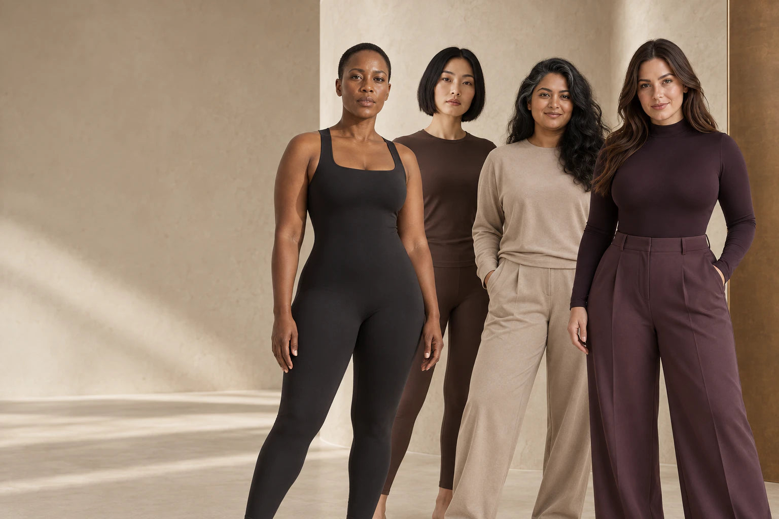 Suprenx® virtual ambassadors wearing black performance shapewear representing air-light, cool-touch and velvet-matte systems
