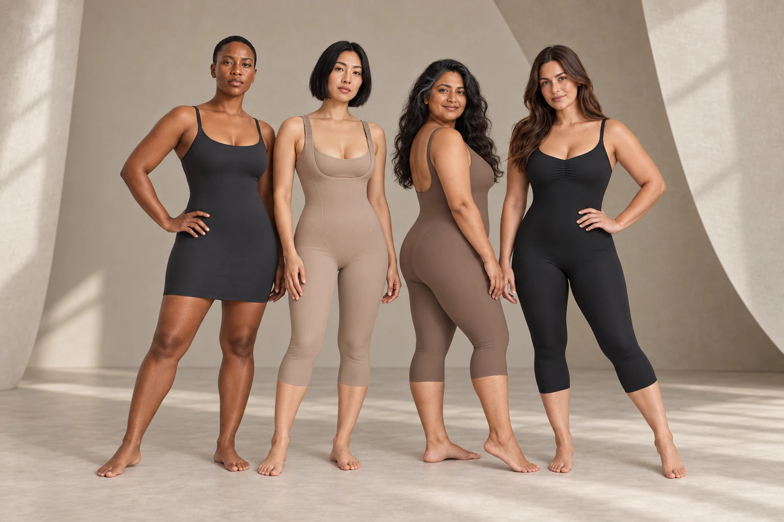 Suprenx® virtual ambassadors Nia, Mei, Amara and Claire wearing four sculpting shapewear silhouettes