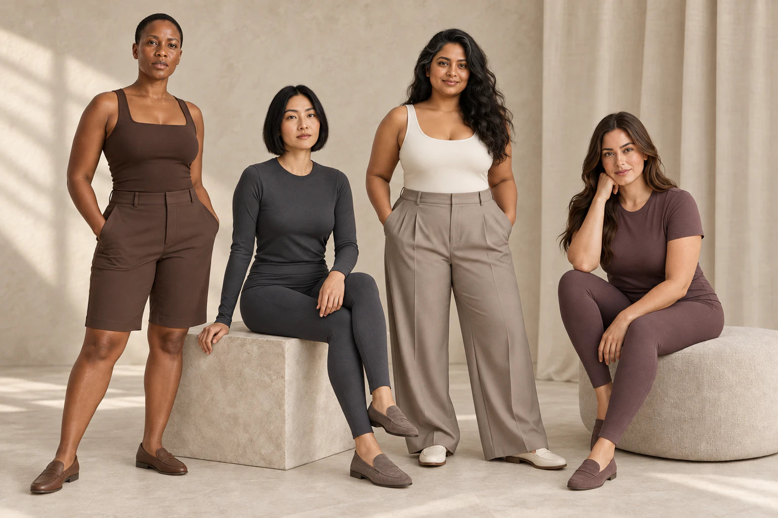Suprenx® virtual ambassadors Nia, Mei, Amara and Claire wearing cocoa, graphite, bone and muted-fig Soft Matte base layers