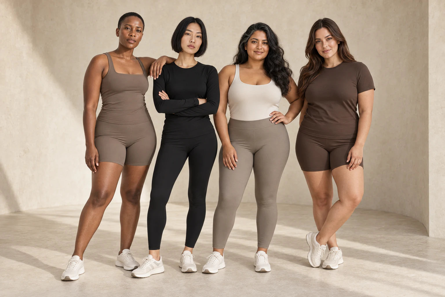 Suprenx® virtual ambassadors Nia, Mei, Amara and Claire wearing close-fitting neutral wardrobe concepts for the Soft Matte edit
